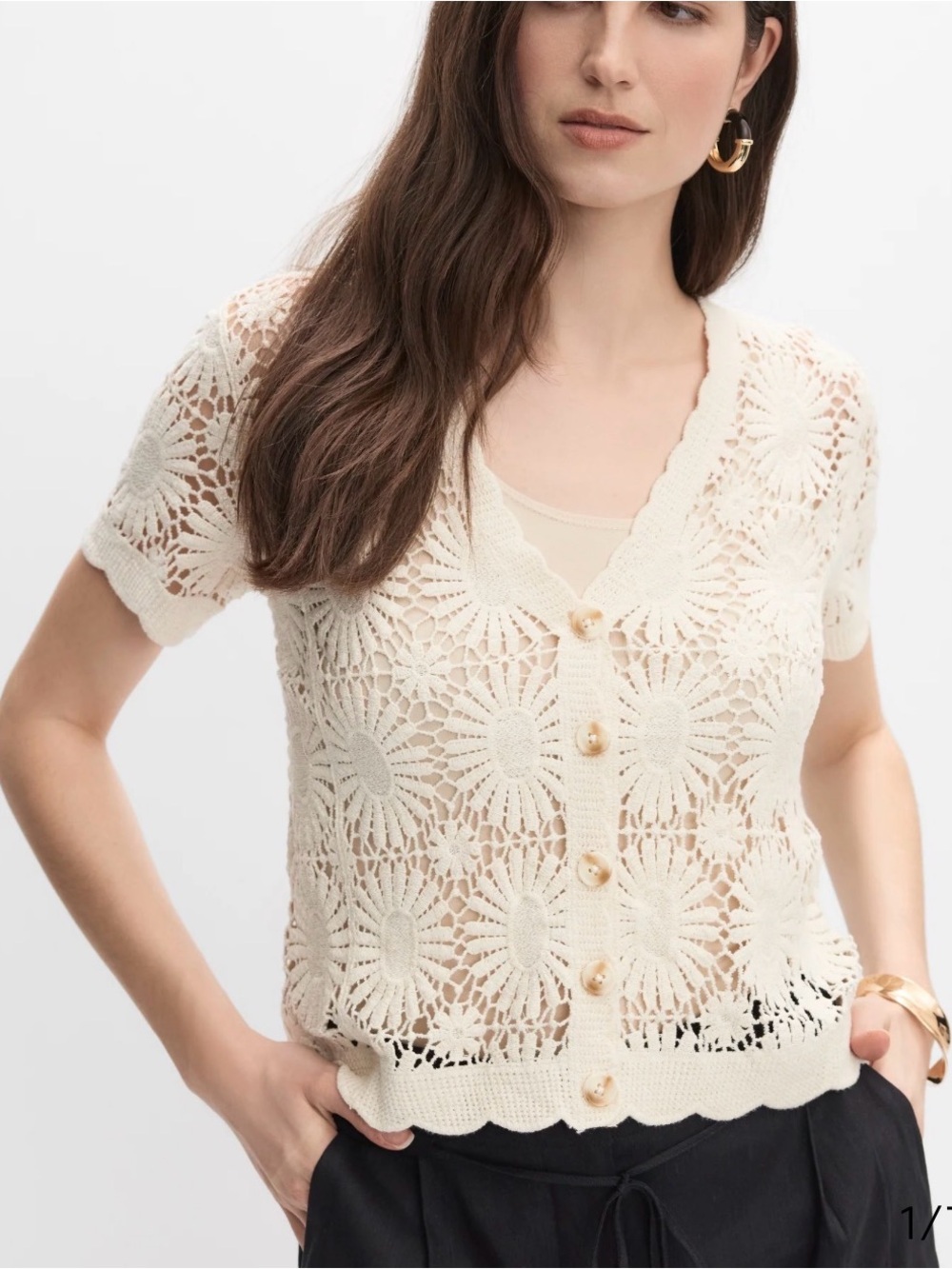 Crochet Button-Front Short Sleeve Cardigan - Cream